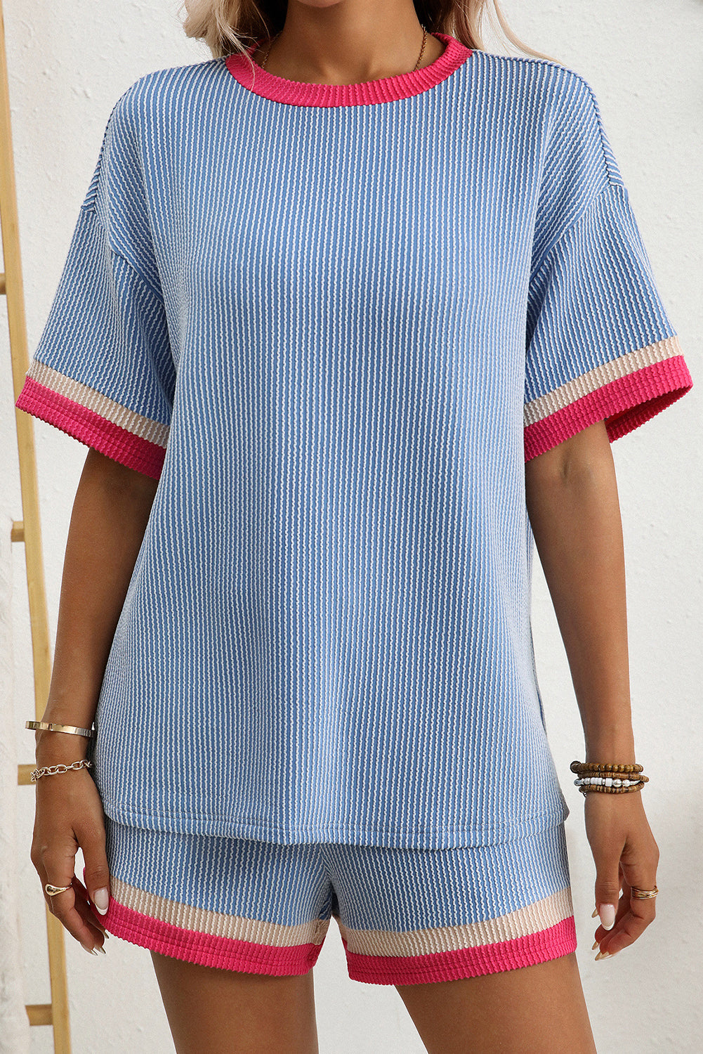 Sky Blue Twisted Corded Contrast Trim T Shirt and Shorts Set