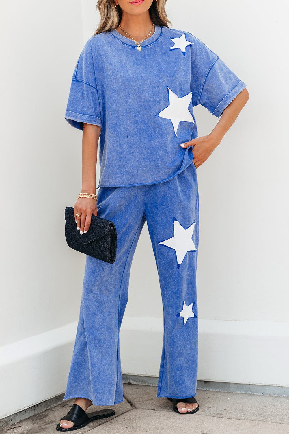 Blue Acid Wash Star Patched Rolled Trim Pants Set