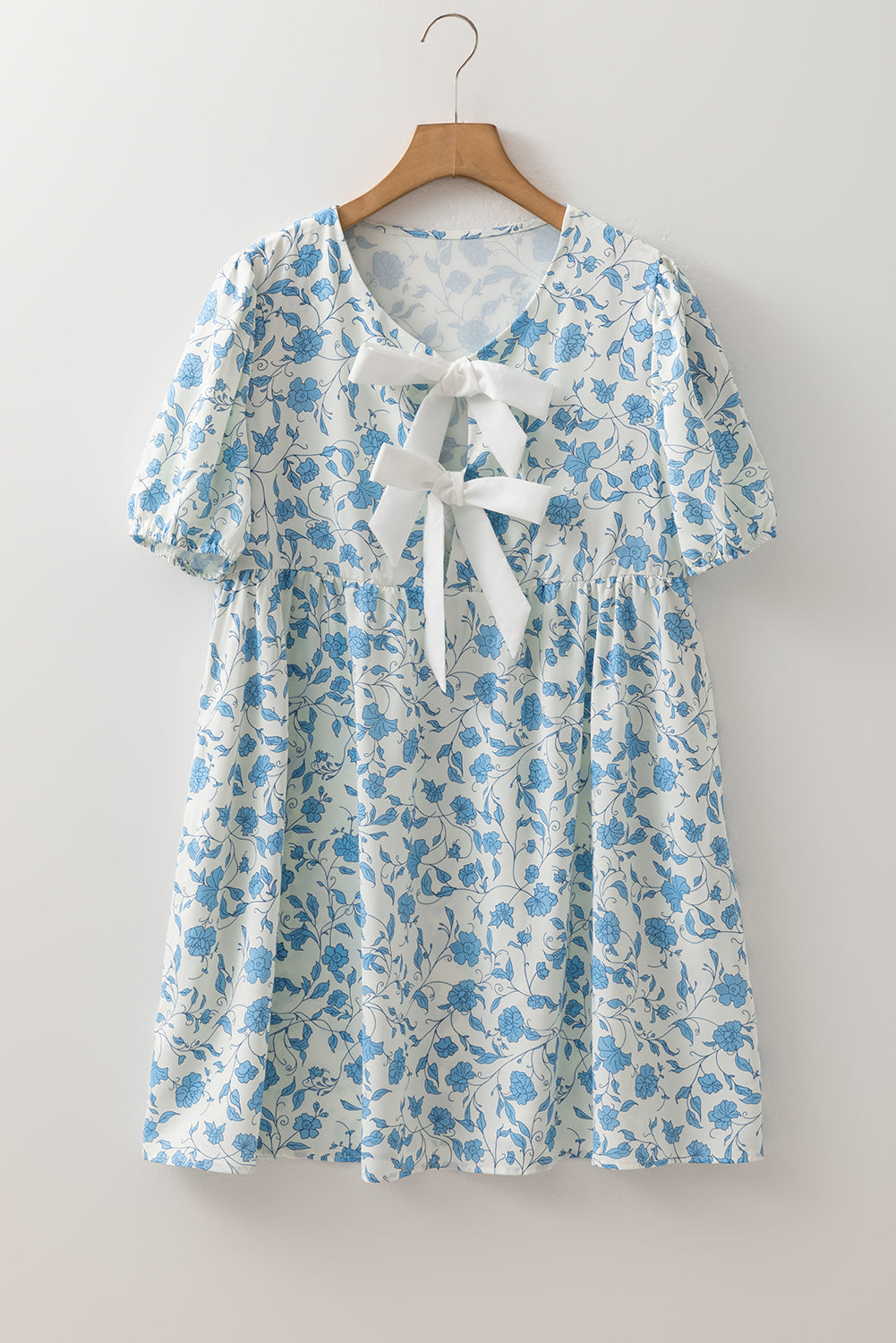 Blue Floral Puff Sleeve Mini Dress with Statement Bow