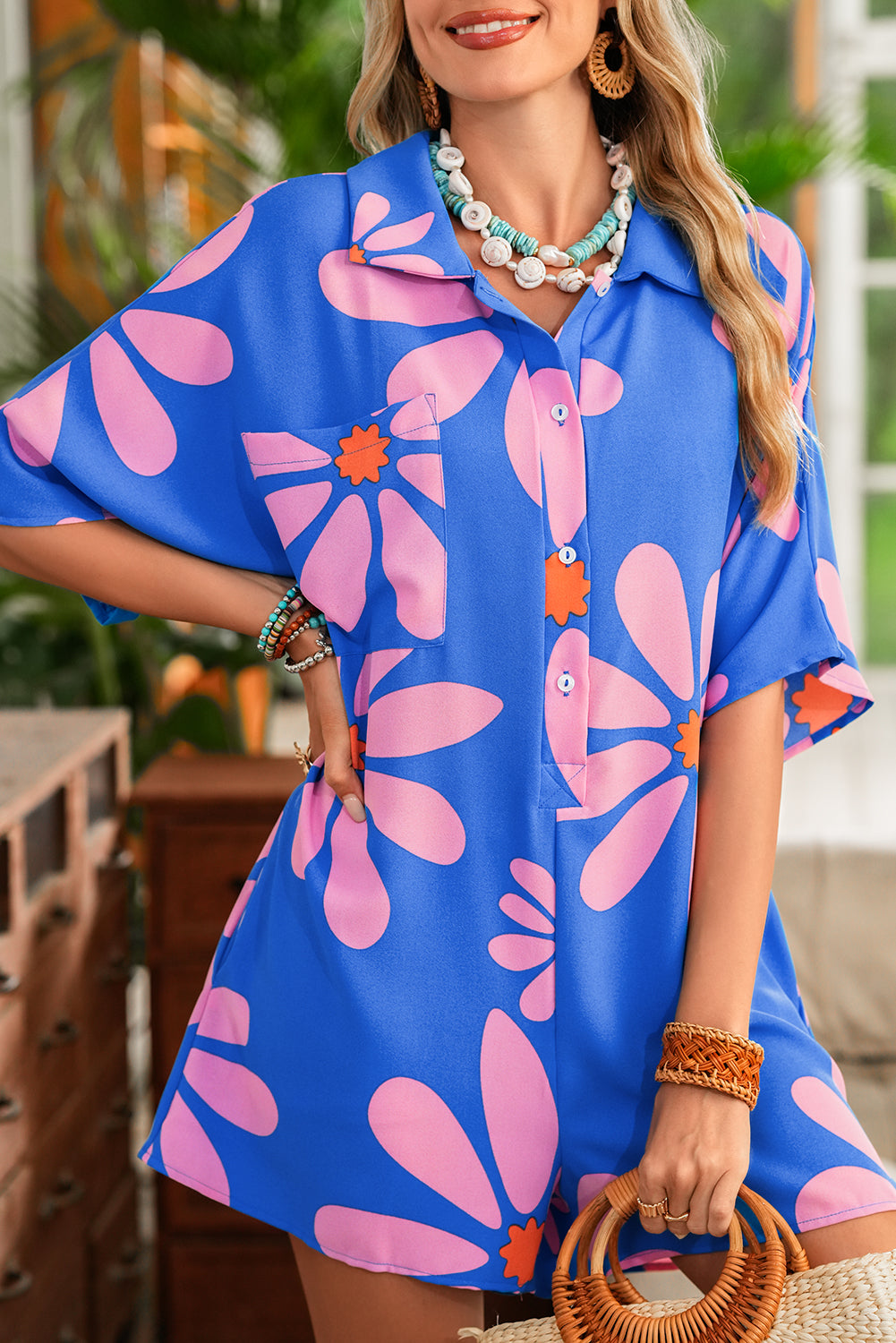 Boho Blue Floral Shirt Collar Romper