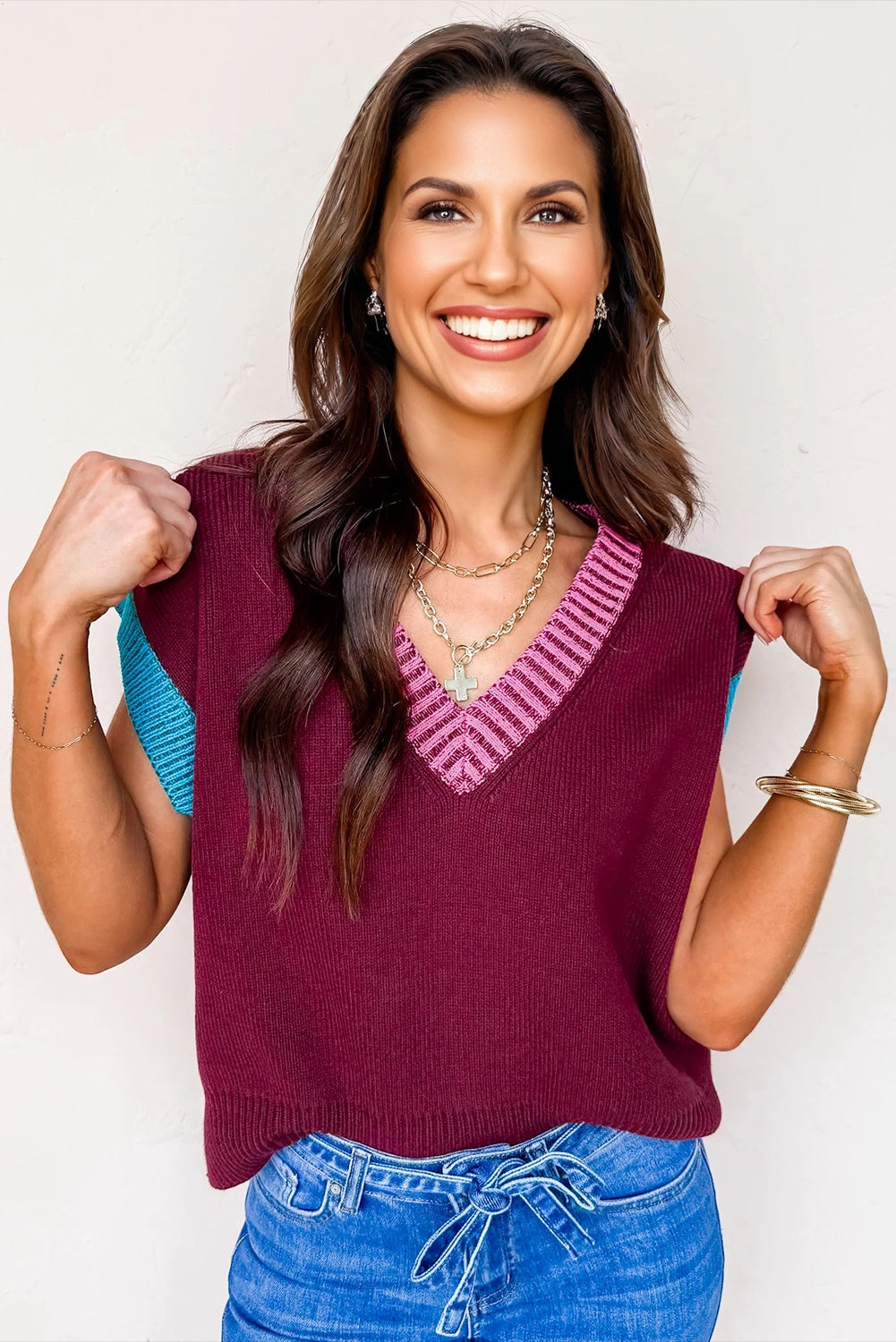 Burgundy Contrast Trim V-Neck Cuffed Short Sleeve Loose Sweater
