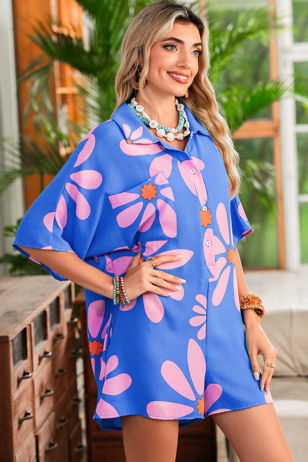 Boho Blue Floral Shirt Collar Romper