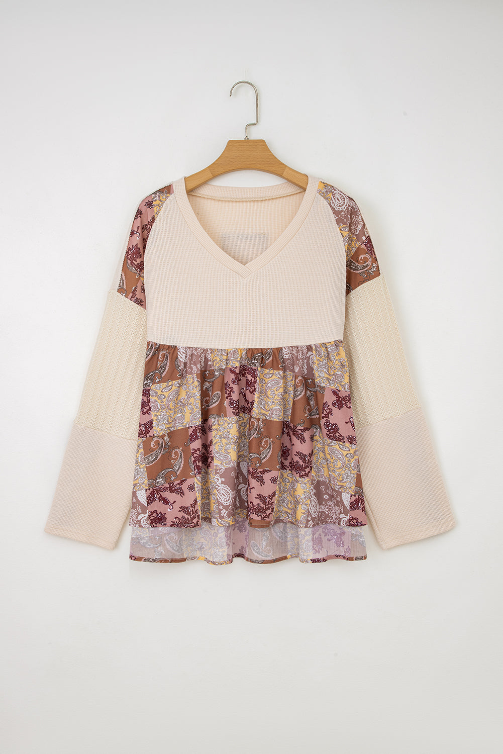Beige Paisley Print Contrast Patchwork Long Sleeve Loose Top
