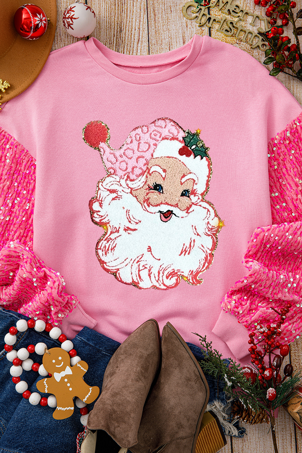 Pink Santa Claus Graphic Sequin Sleeve Sweatshirt