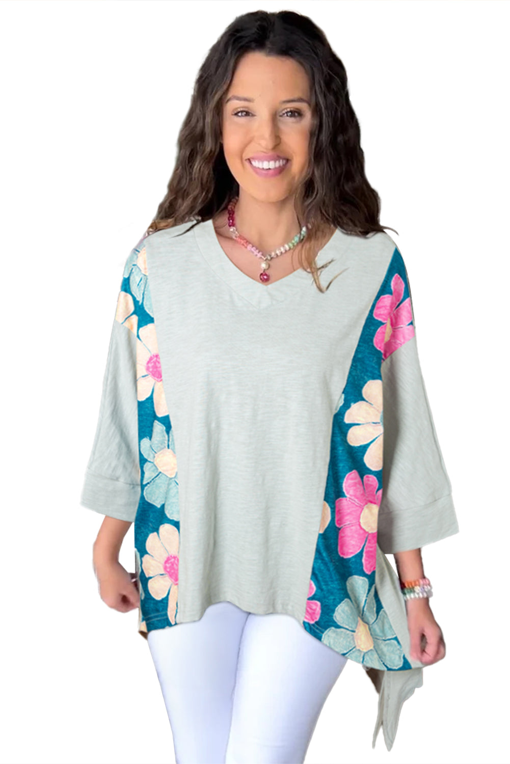 Patchwork Flower V-Neck Bracelet Sleeve Oversized Top