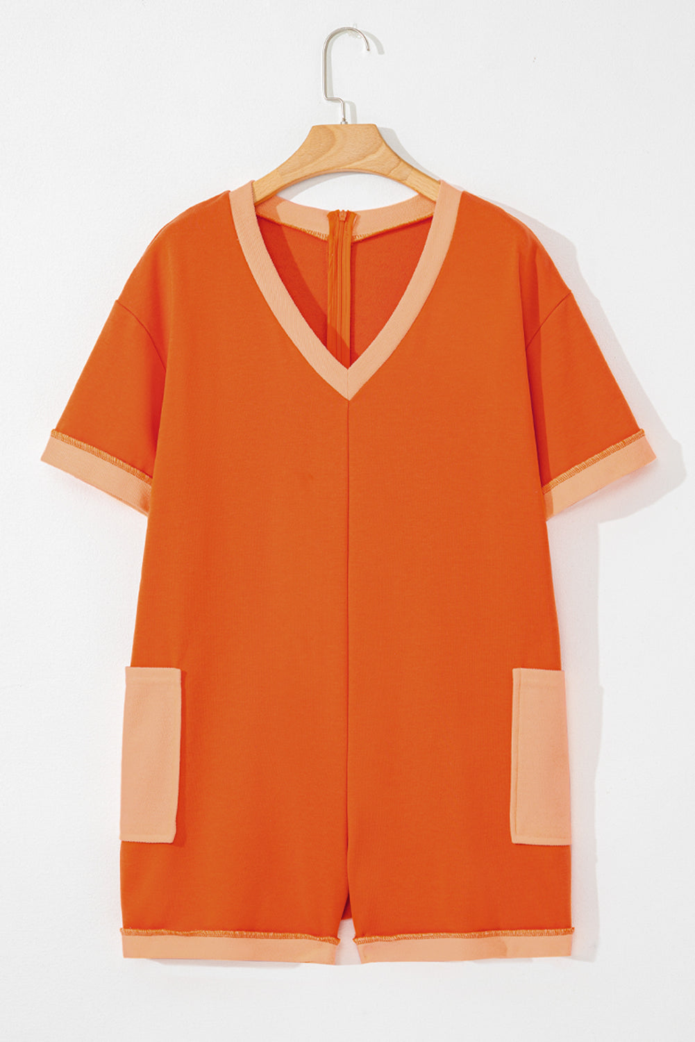 Orange Two-tone Short Sleeve V-Neck Patched Pocket Loose Romper