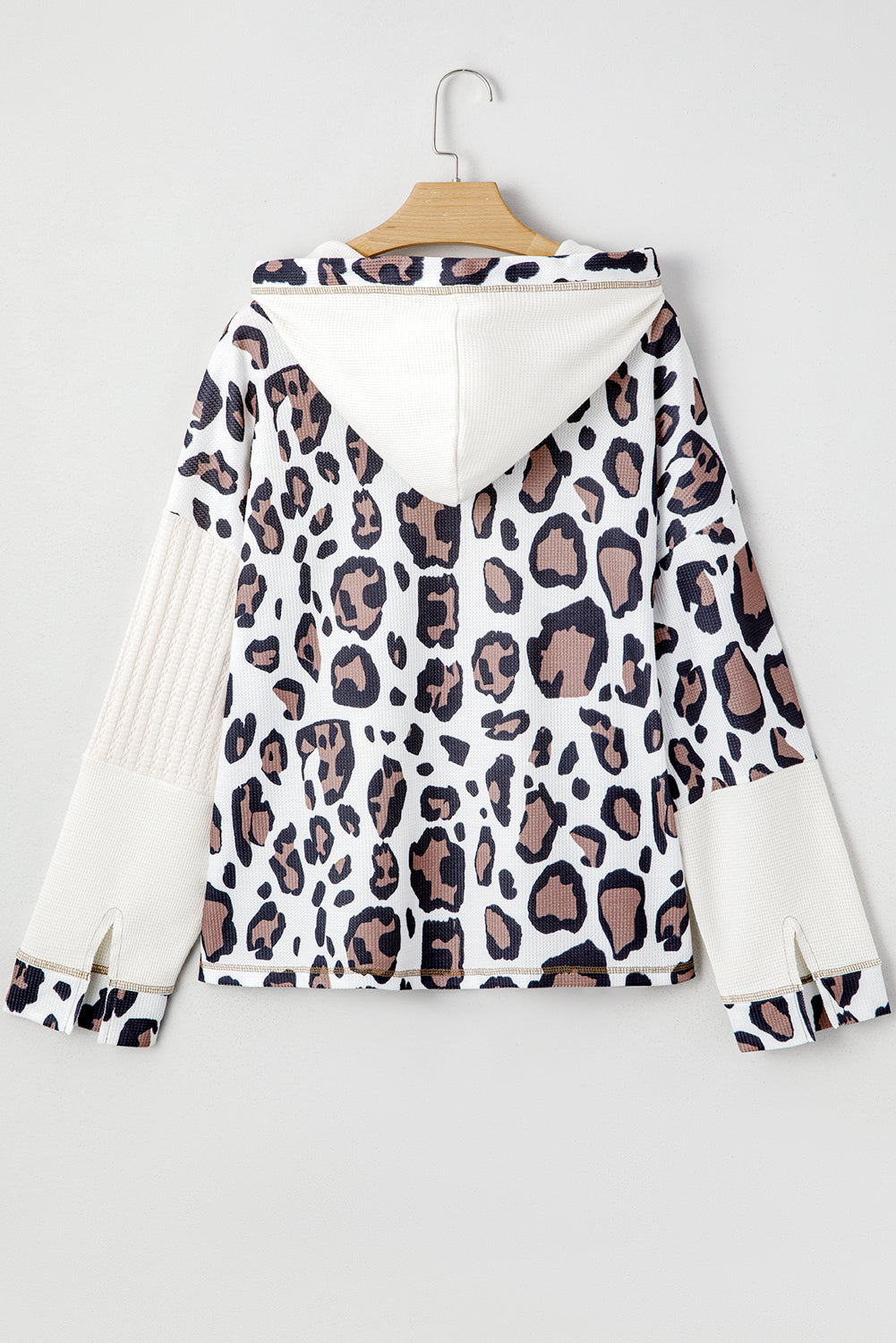 Leopard Mixed Texture Patchwork Zip Up Drop Shoulder Hoodie