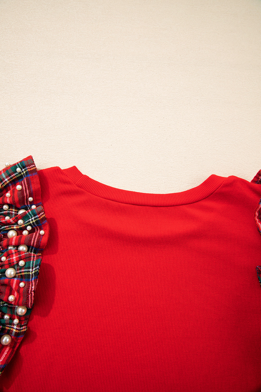 Red Pearl Plaid Ruffle Sleeve Loose T-Shirt