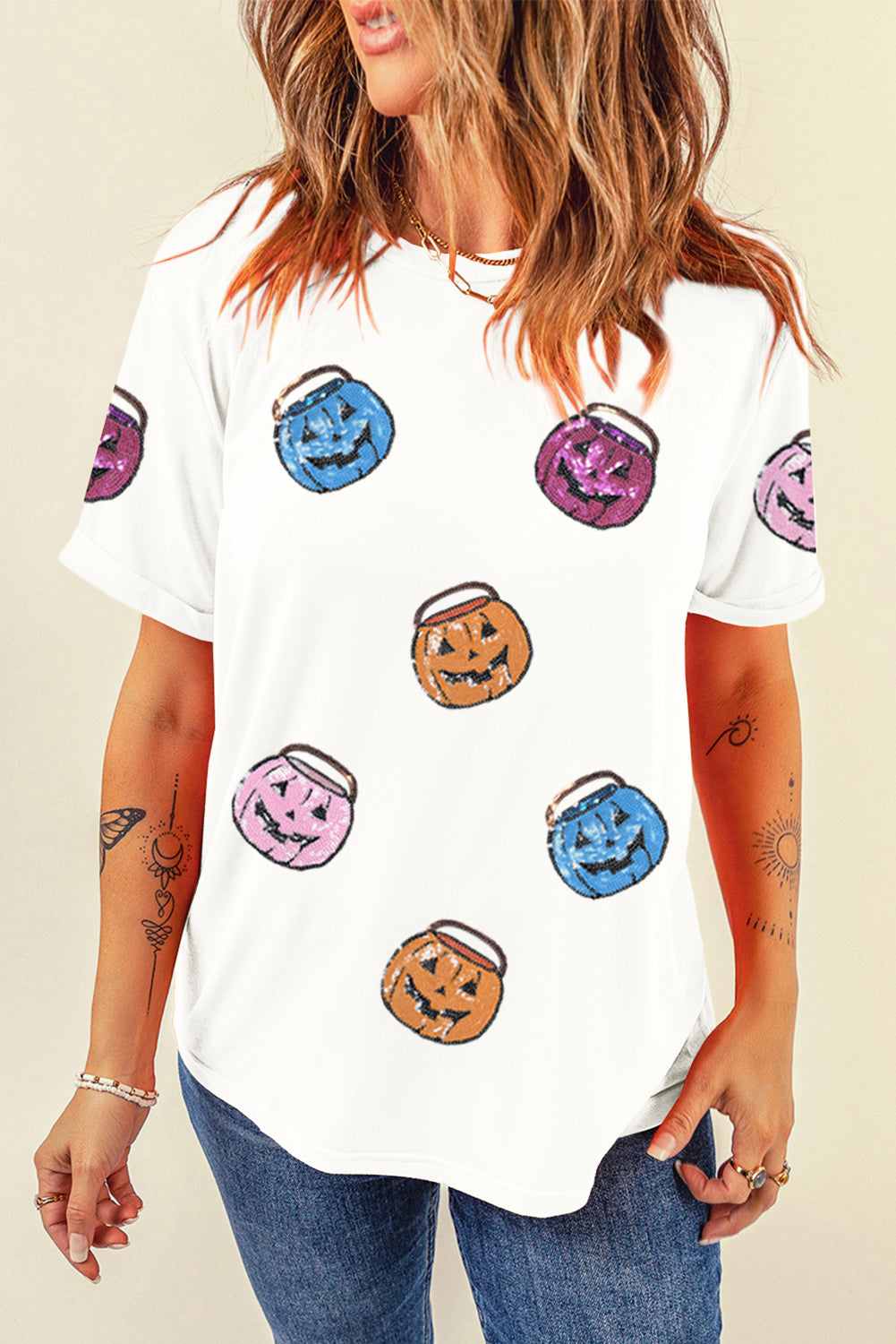 White Sequin Pumpkin Face Patched Crew Neck Holiday T-Shirt