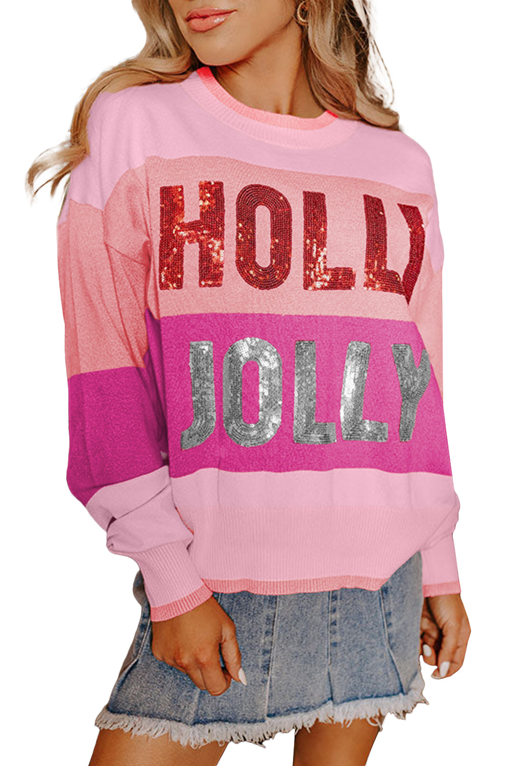 Pink Holly Jolly Sequined Color Block Crew Neck Sweater