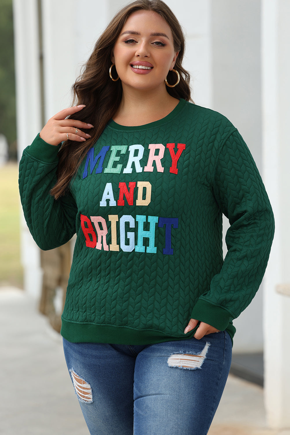 Green Merry And Bright Cable Knit Pullover Sweatshirt