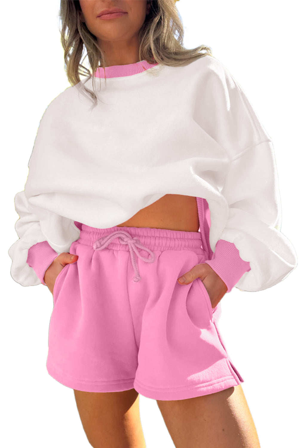 Colorblock Drop Shoulder Pullover & Drawstring Shorts Set