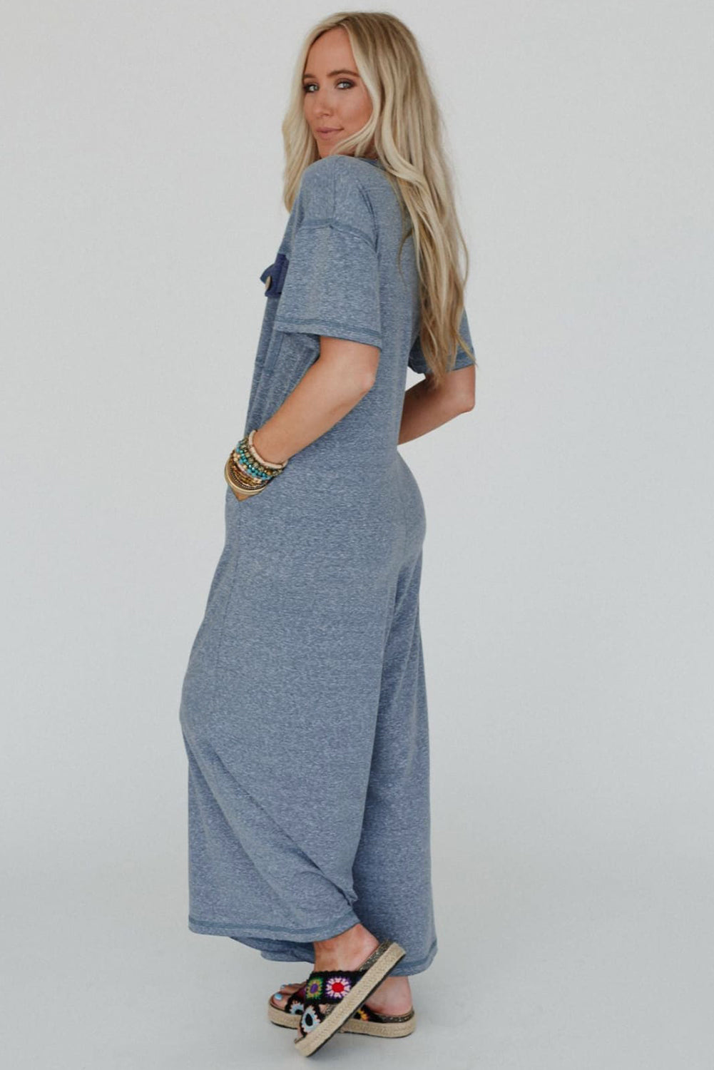 Denim Blue Patchwork Short Sleeve Jumpsuit with Pockets