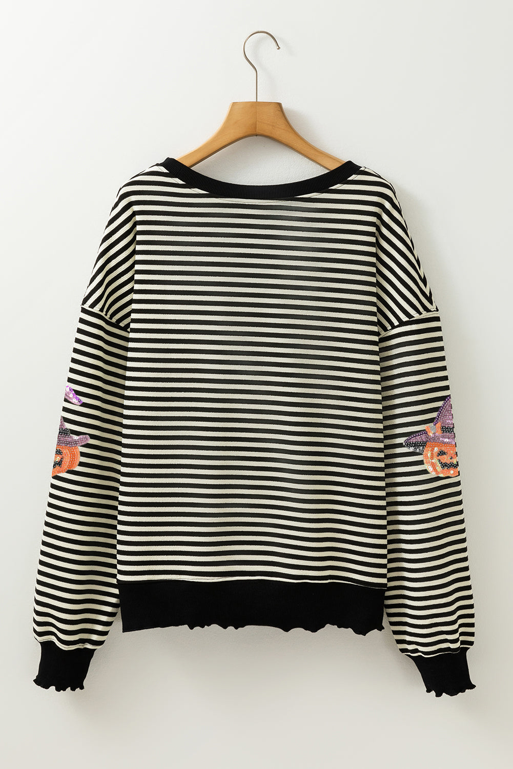 Black Stripe Halloween Pumpkin Witch Sequins Patch Casual Top