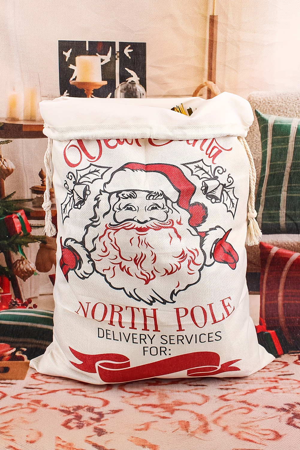 White Santa Claus Drawstring Closure Christmas Gift Bag