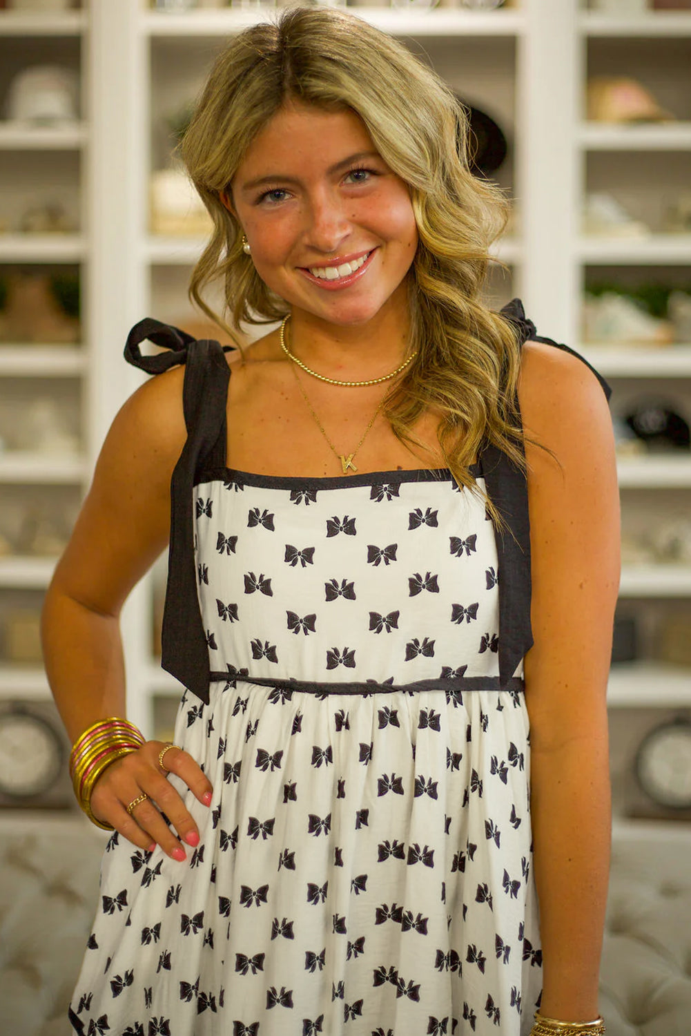 White Contrast Bow-Trimmed Knotted Shoulder Mini Dress
