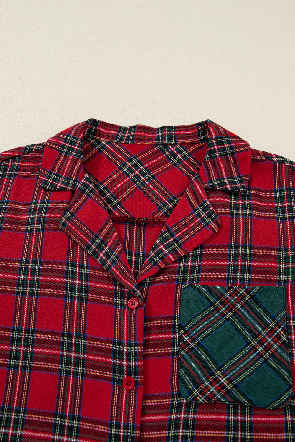 Red Plaid Contrast Patched Christmas Holiday Long Sleeve Shirt and Short Two Piece Pajama Set