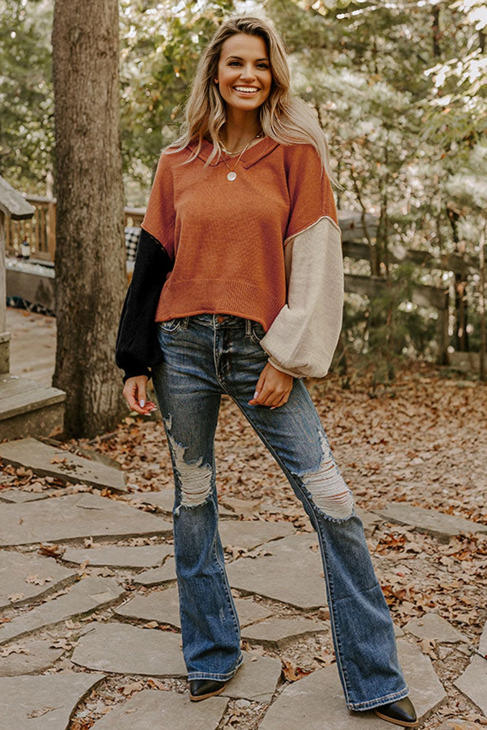 Desert Gold Colorblock Raw Edge Bubble Sleeve V-Neck Sweater
