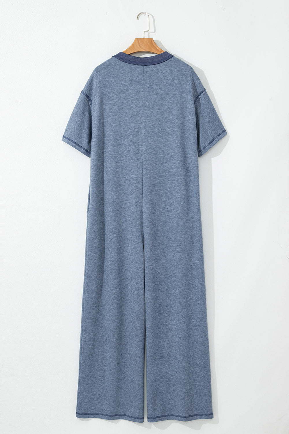 Denim Blue Patchwork Short Sleeve Jumpsuit with Pockets