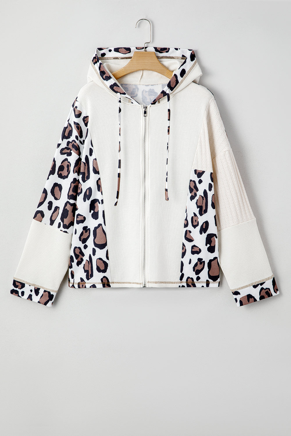 Leopard Mixed Texture Patchwork Zip Up Drop Shoulder Hoodie