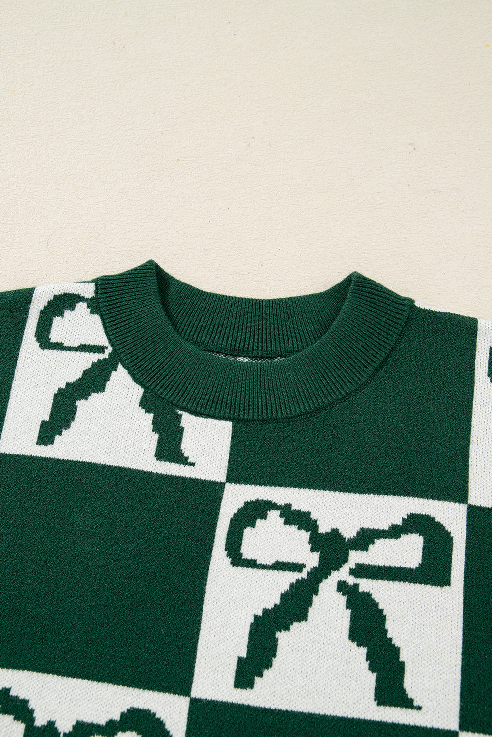 Green Bow Print Checkered Knit Sweater