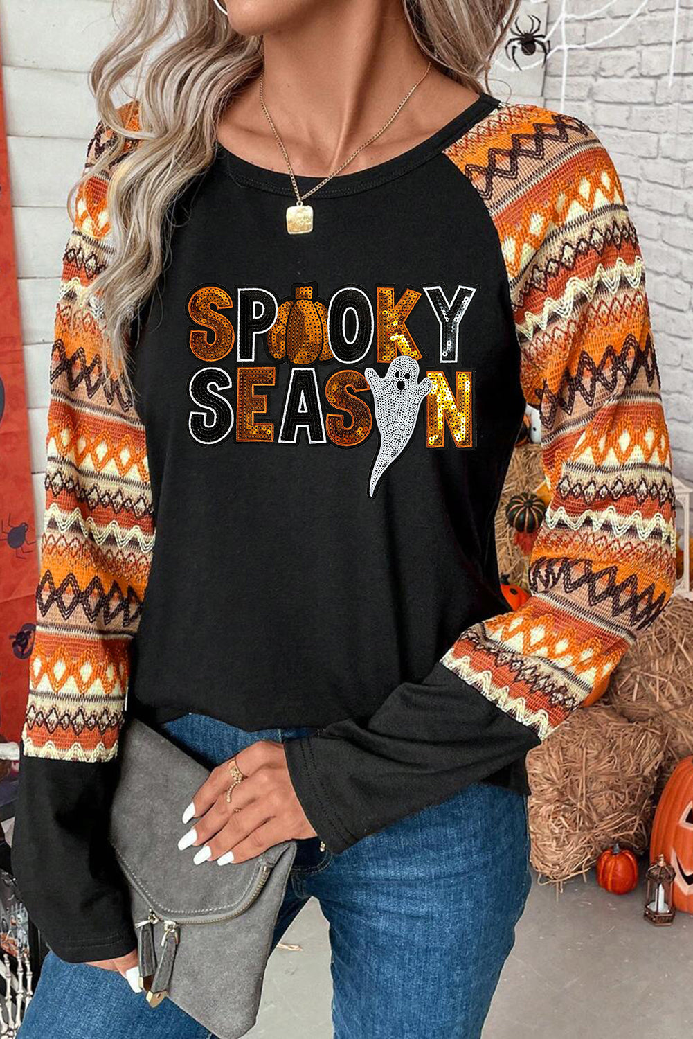 Orange Spooky Season Sequin Patched Contrast Long Sleeve Top