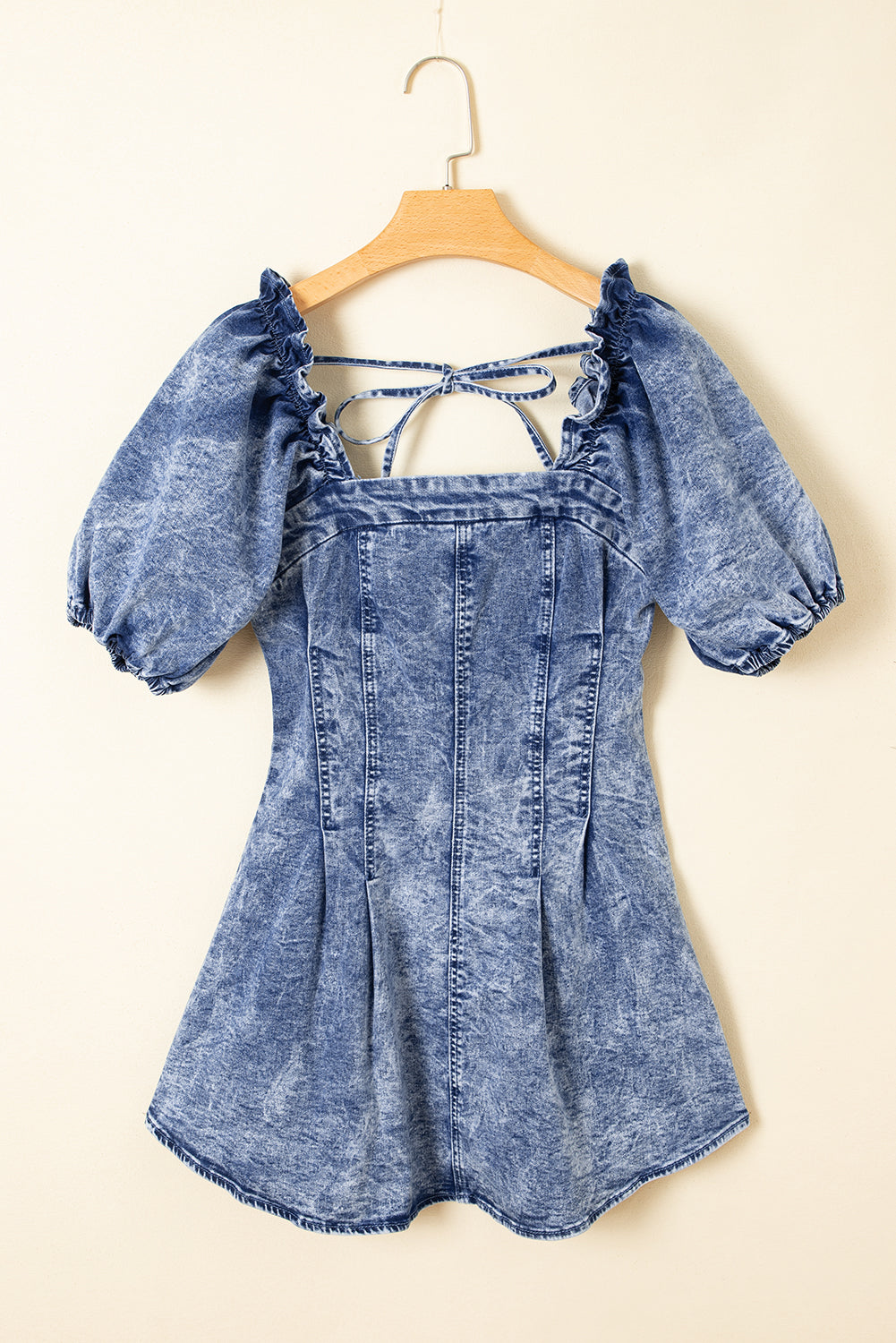 Square Neck Ruffle Trim Backless Puff Sleeve Denim Dress