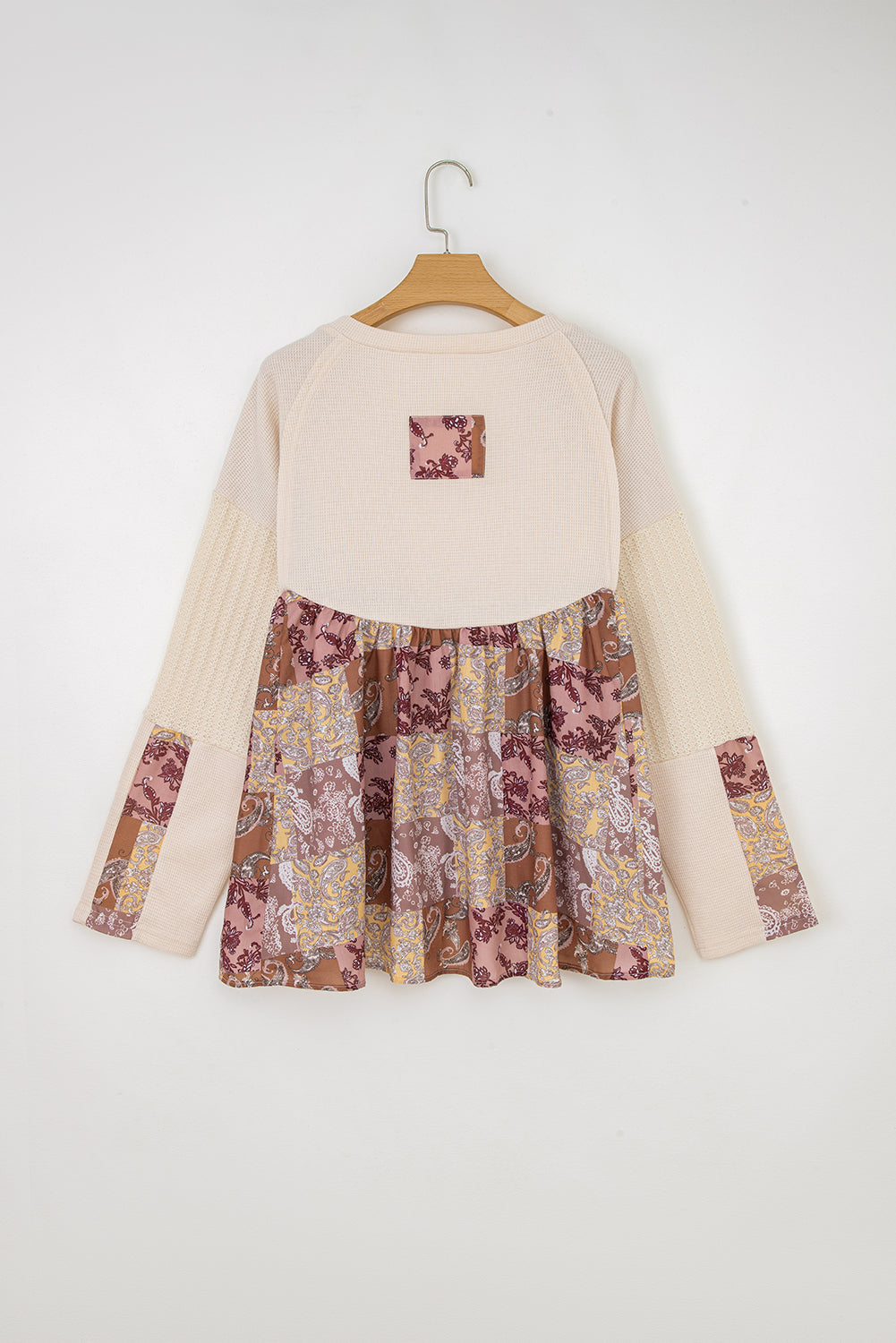 Beige Paisley Print Contrast Patchwork Long Sleeve Loose Top