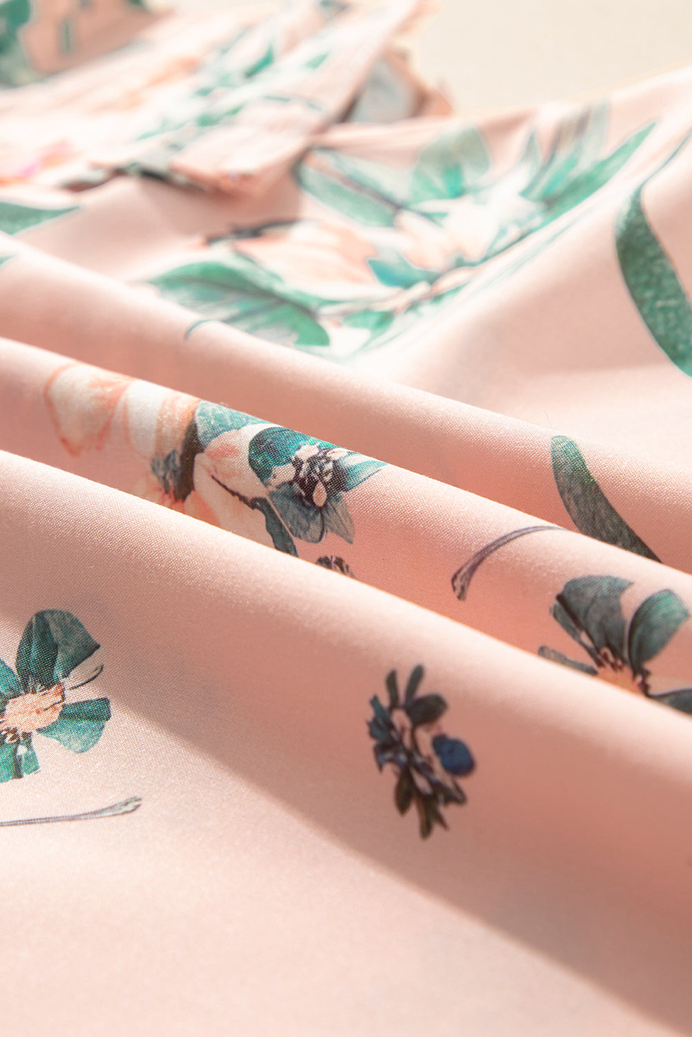 Pink Floral Print Frill V-Neck Pleated Sleeve Blouse