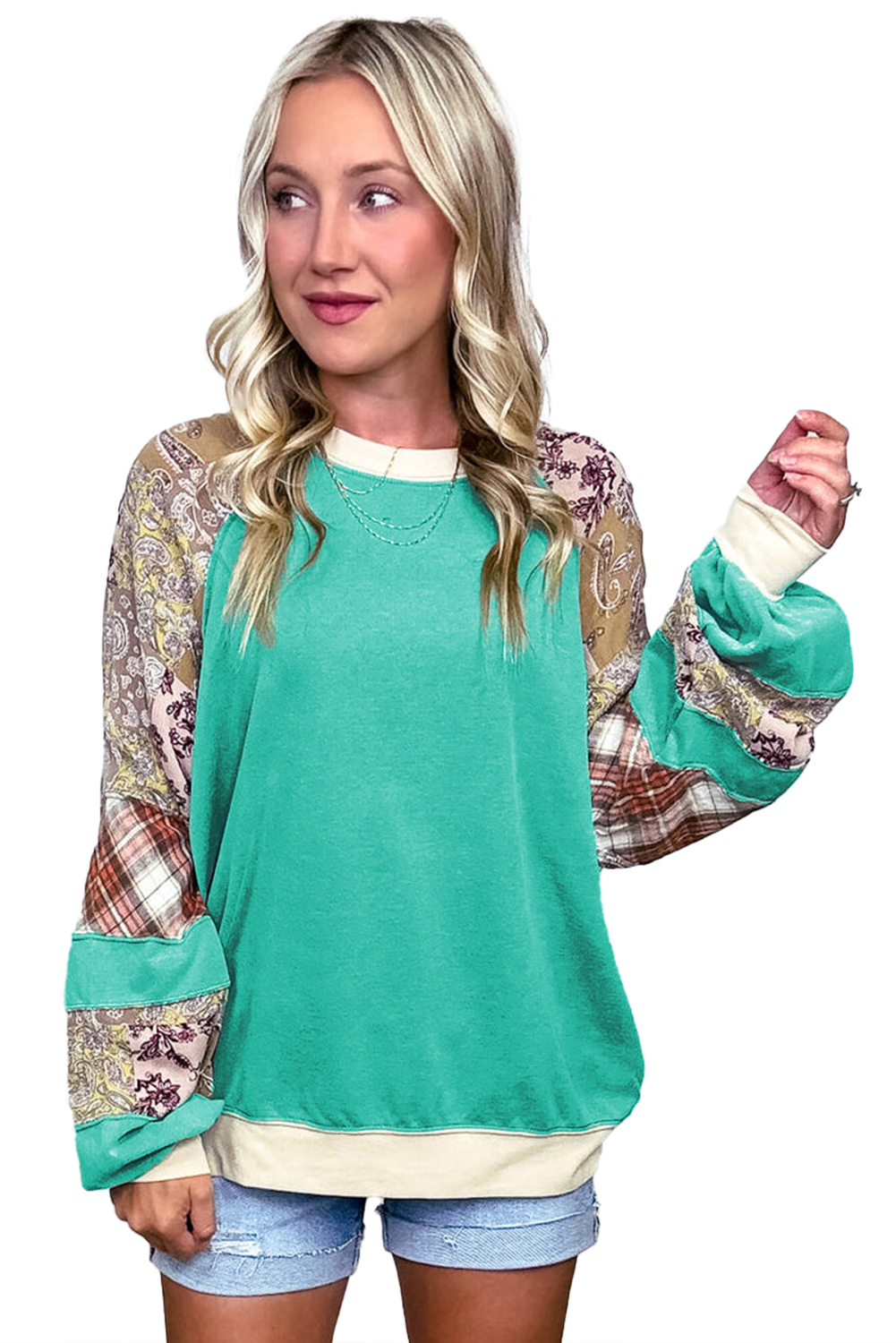 Plaid Paisley Patchwork Long Sleeve Top