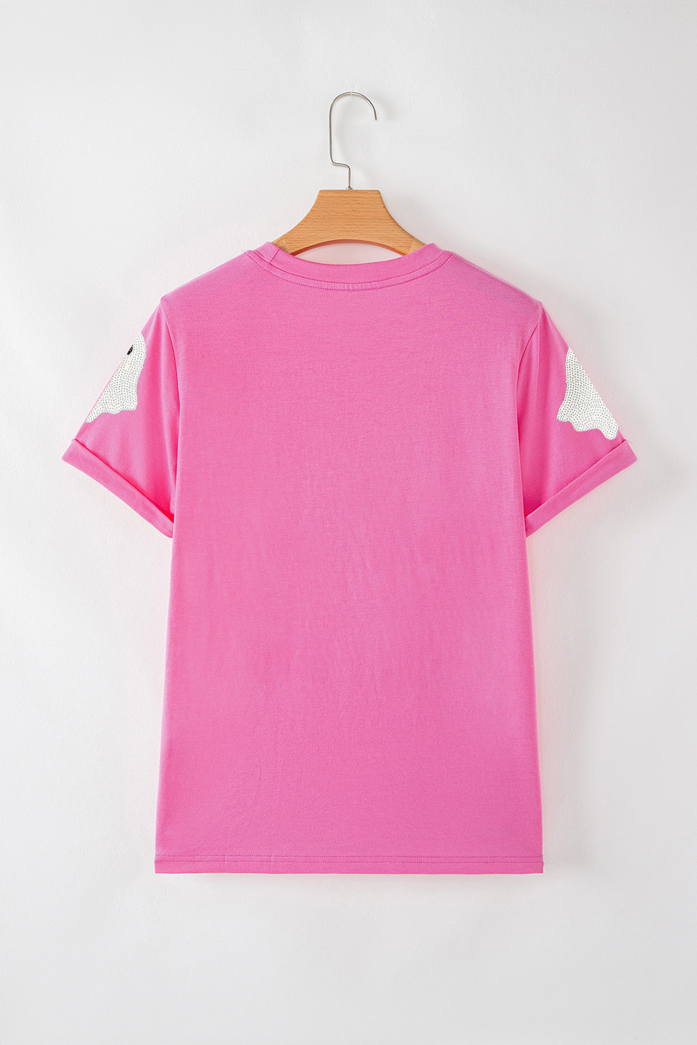 Pink Sequin Halloween Ghost Patched Casual T-Shirt