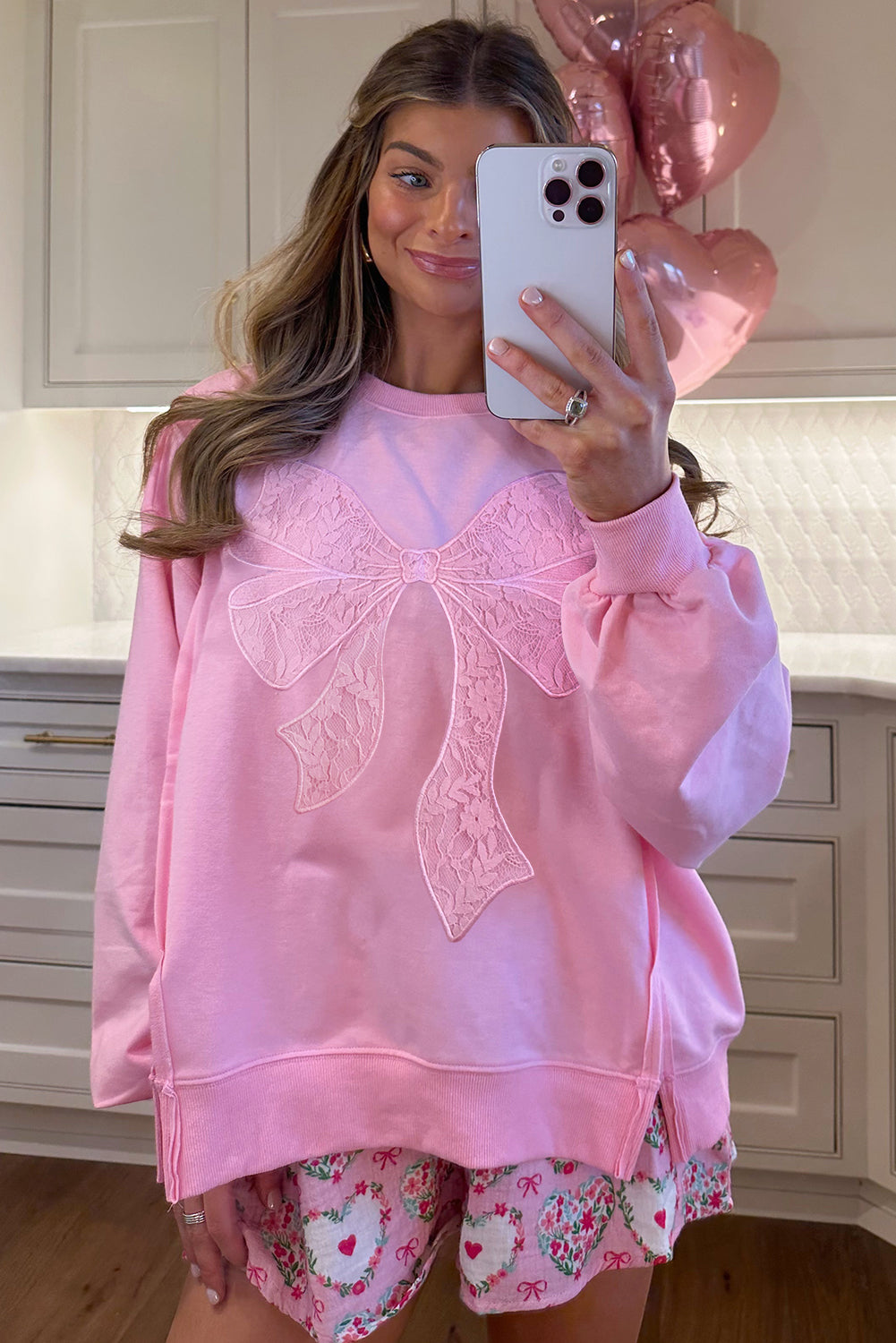 Pink Lace Bow Embroidered Split-Hem Sweatshirt