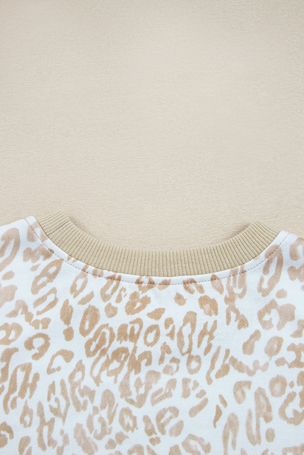 Khaki Ribbed Trim Ruffle Detail Leopard Round Neck Sweatshirt