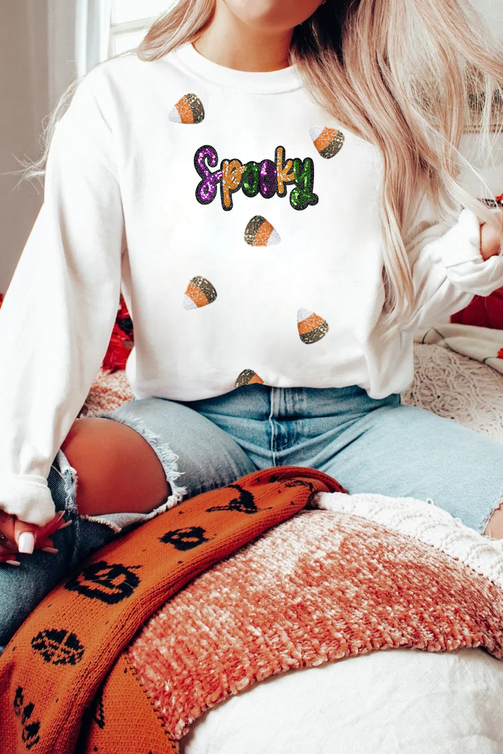 White Sequin Spooky Halloween Spirit Print Casual Sweatshirt