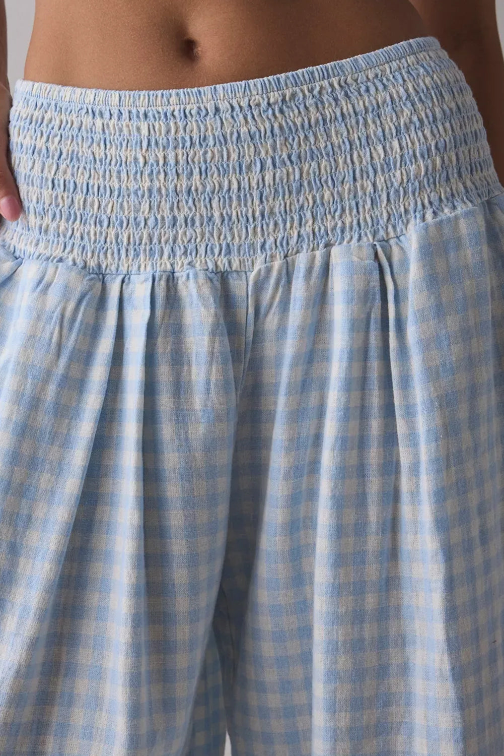 Gingham Smocked High Waist Loose Pants
