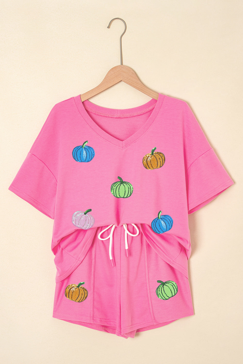 Pink Sequin Halloween Pumpkin Pattern V-Neck Tee and Drawstring Shorts Set