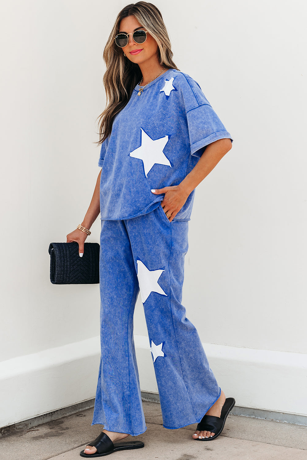 Blue Acid Wash Star Patched Rolled Trim Pants Set