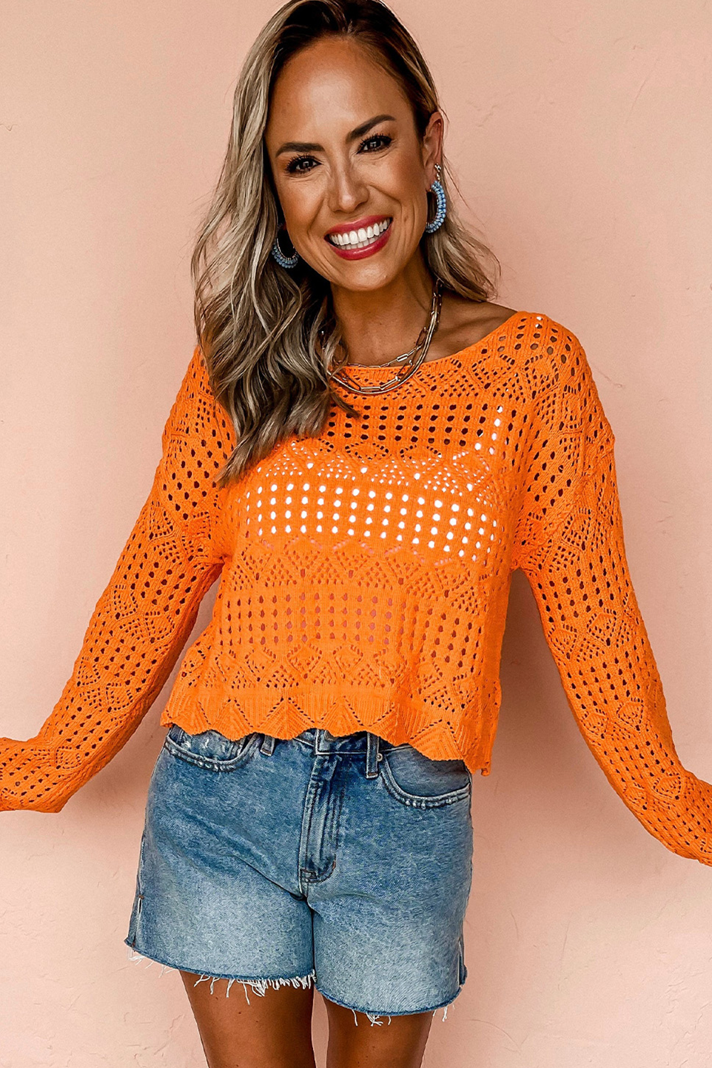 Carrot Orange Solid Color Crochet Scallop Edge Sweater