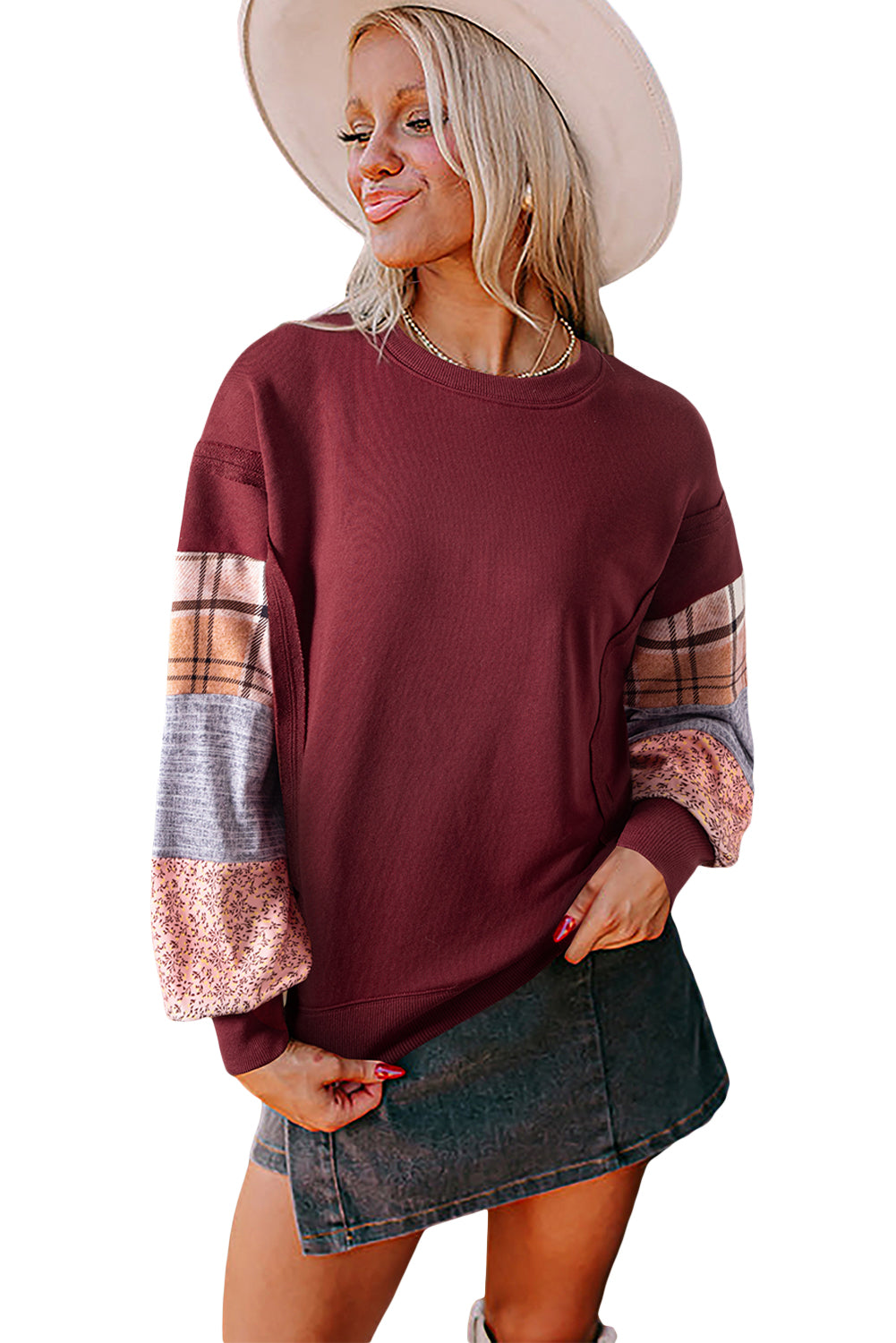 Plaid Patchwork Sleeve Raw Seam Sweatshirt