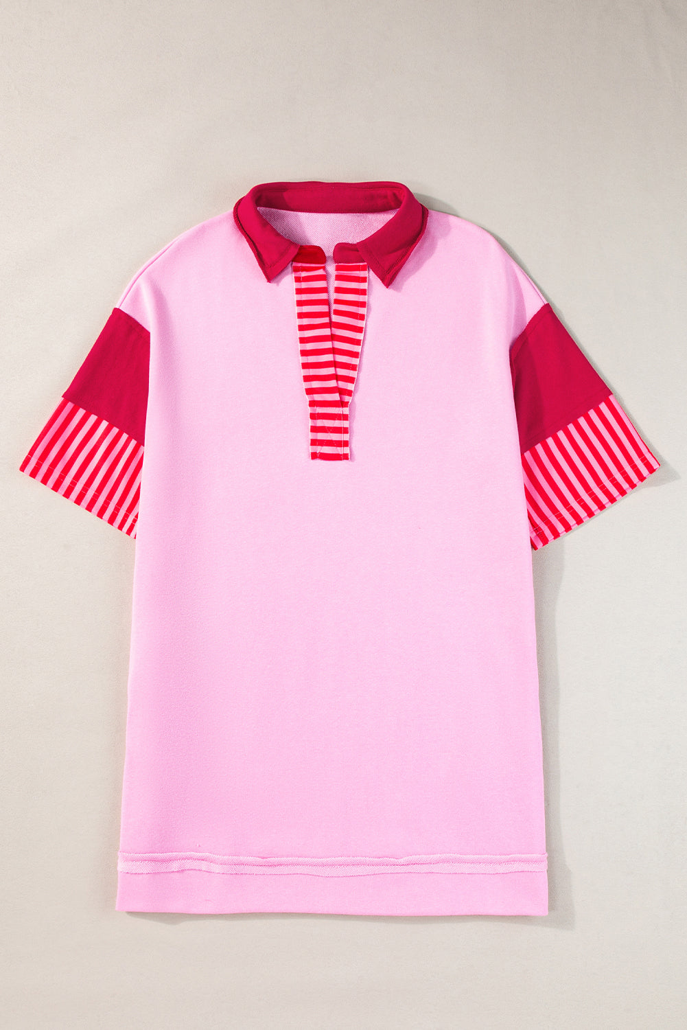 Pink Stripe Colorblock Sleeve Collared Mini Dress