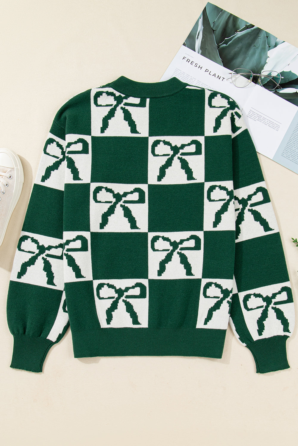 Green Bow Print Checkered Knit Sweater