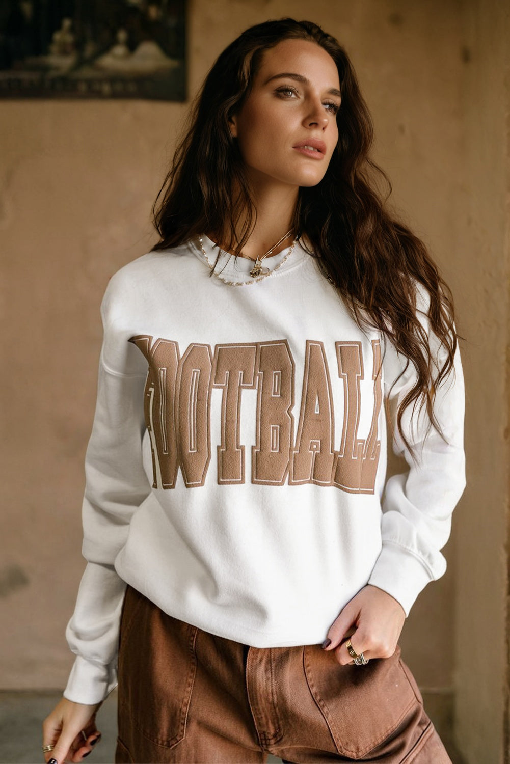 White Football Letter Graphic Crew Neck Sweatshirt
