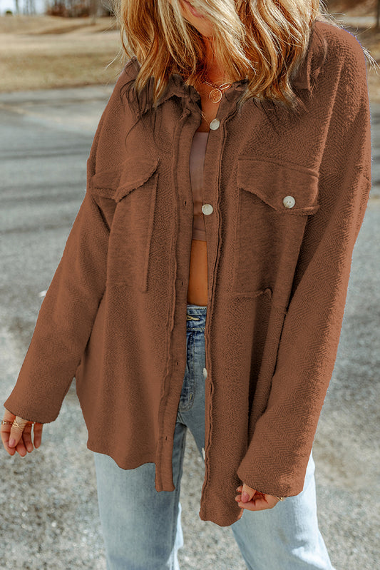 Brown Solid Color Textured Button Up Shacket with Pockets