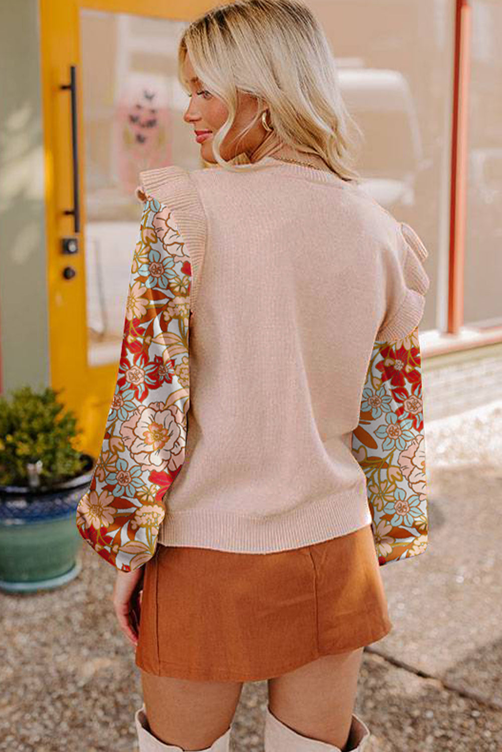 Cable Knit Ruffle Detail Contrast Floral Sleeve Patchwork Sweater