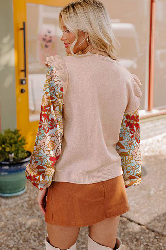 Cable Knit Ruffle Detail Contrast Floral Sleeve Patchwork Sweater