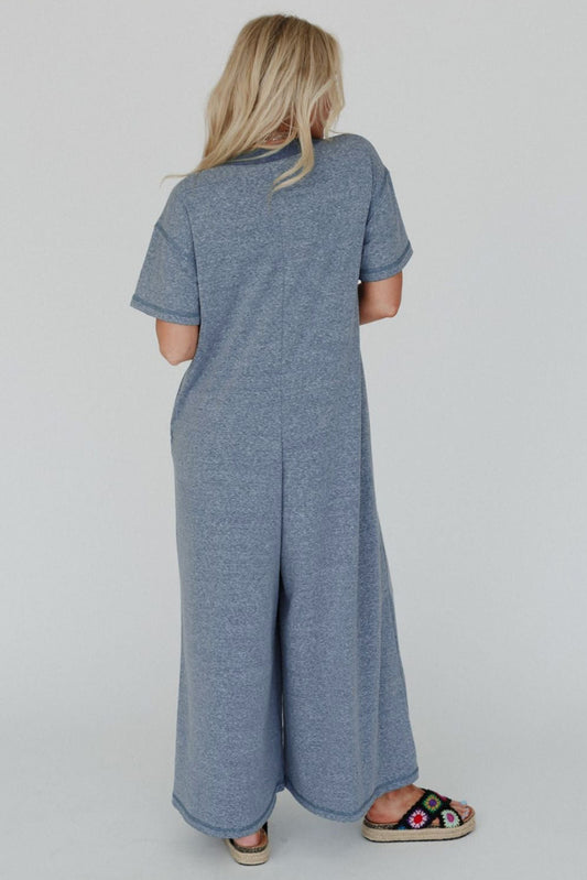 Denim Blue Patchwork Short Sleeve Jumpsuit with Pockets