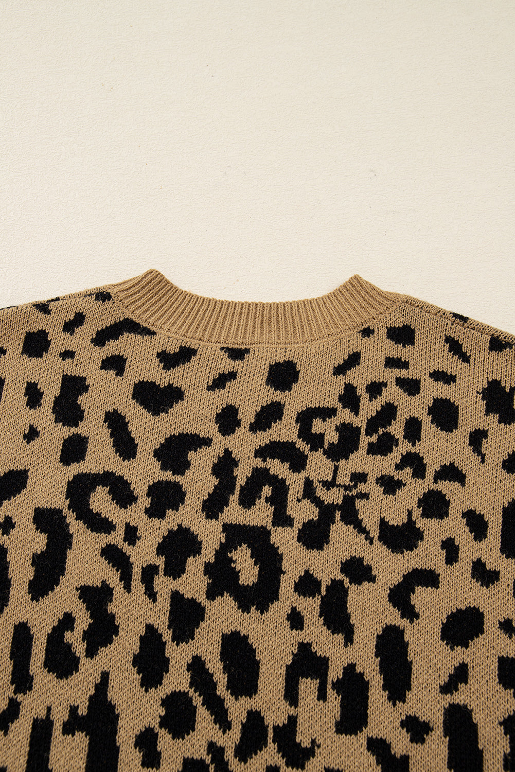 Light French Beige Ribbed Trim Round Neck Leopard Drop Shoulder Sweater
