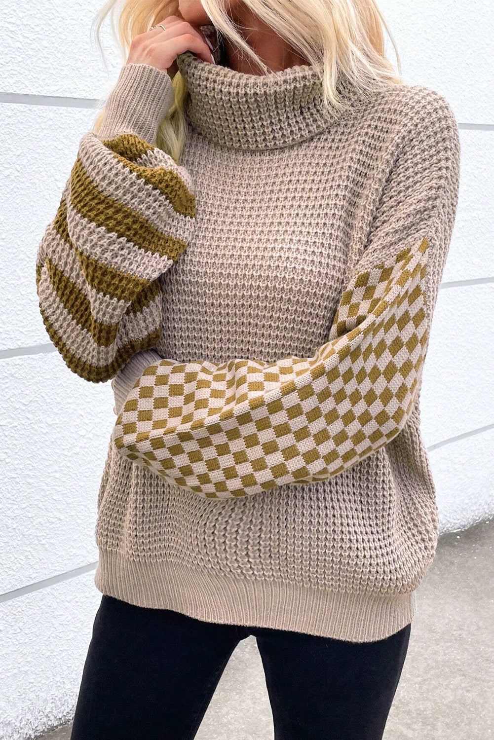 Black Striped Plaid Patchwork Waffle Knit Turtleneck Sweater