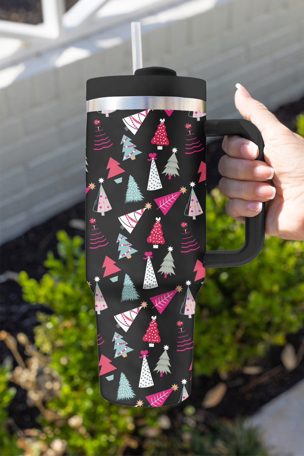 Black Cartoon Christmas Tree Printed Thermos Cup