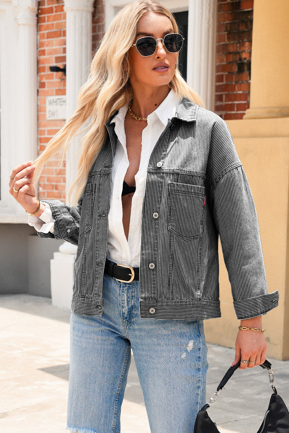 Dark Blue Washed Oversized Pocketed Denim Jacket